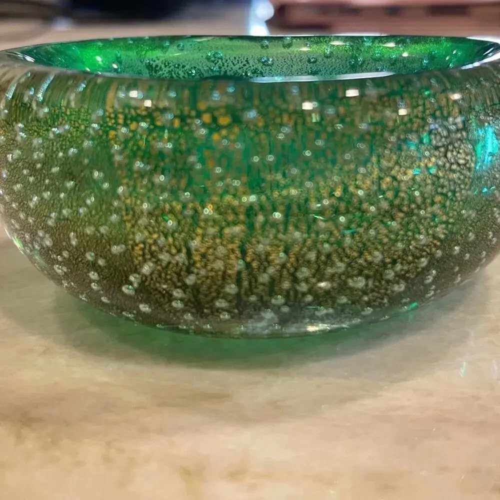 Vintage Murano glass candy dish Green with gold beautiful  bean shaped